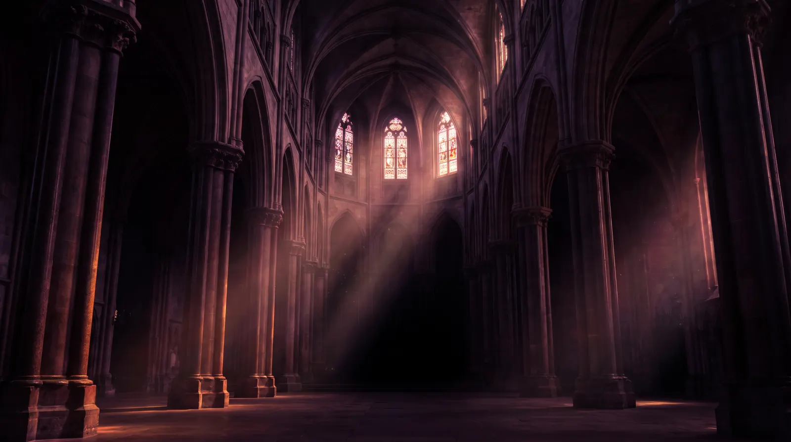 Sunlit marble columns at dawn, warm light pouring through high arches